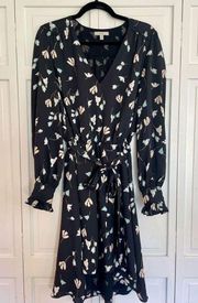 Joie  black floral long sleeve faux wrap ruffle smocked cuff dress