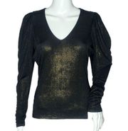 Bishop + Young Alexa Top Women'a Size S Black Gold Shimmer Puff Sleeve Blouse