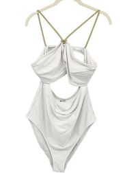 Aerie  Womens Strappy Cutout Cheeky One Piece Halter Swimsuit Size XL White