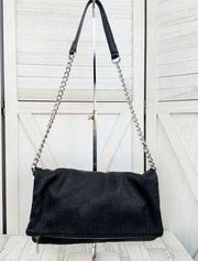 Express Faux Pebbled Leather Fold Over Shoulder Bag Black Chain Strap