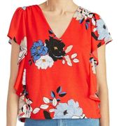 Rachel Roy Womens Blouse May Radiant Red Floral V-Neck Flutter Sleeve Small $79