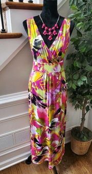 Slinky Women's Multicolor Polyester V-Neck Sleeveless Long Maxi Dress Size Small