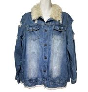 The Style Between Us Women's 3X Premium Denim Trucker Jacket Distressed Faux Fur