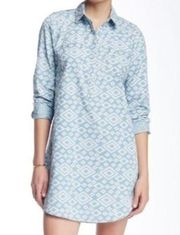 LUCKY BRAND Blue Chambray Denim Look Cream Ivory Ikat Boho Cotton Shirt Dress SM