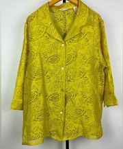 French Laundry Yellow Green Sheer Floral 3/4 Sleeve Button Up Collared Blouse