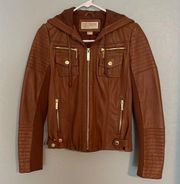 Women’s Brown Leather Hooded Moto Full Zip Jacket, XS