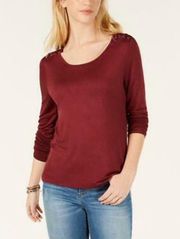 Crisscross Strappy Shoulder Grommet Long Sleeve Top Red Small