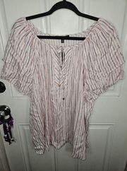 2x Short Sleeve Peasant Blouse Womens Pink Metallic Striped