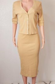 Bagatelle Camel Tan Stretch Cotton 2Piece Midi Pencil Skirt Top Set Sz: S