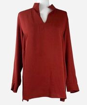 AKRIS Solid Rust Orange / Red Collared Long Sleeve 100% SILK Tunic Blouse Top