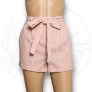 Sienna Sky High Rise Belted Pleated Striped Shorts Light Pink & White Size M