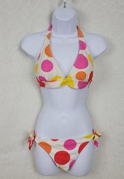 Hula Honey Womens Swimsuit Bikini Size M White Pink Polka Dots Self Tie 2-Piece