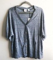 H by Halston Linen Cardigan Heathered Blue Button Up Short Sleeves Sz M NWT