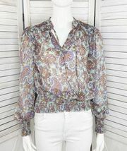 Rachel Zoe Paisley Smocked Ruffle Trim Semi Sheer Blouse Aqua Purple Small