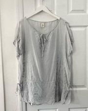 Polo Jeans Company Ice Blue Cotton Silk Embroidered Trim Kaftan Tunic Blouse XL