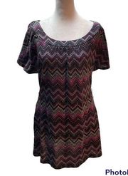 Purple, Black, Blue, Gray Chevron Print Knit Short Sleeve Shirt Size L