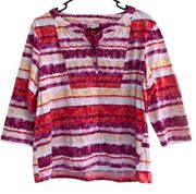 Boho Tie Neck Pink and Purple 3/4th Sleeve Blouse - M