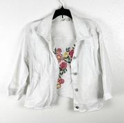 RAFAELLA White Embroidered Frayed Hem Button Pockets Jean Jacket, Size Medium