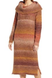 New  Ombré Striped Sweater Dress Long Sleeve Knit Midi Orange Brown