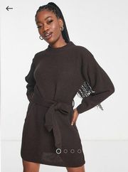 Glamorous tie waist chunky sweater dress in dark chocolate knit, size Small