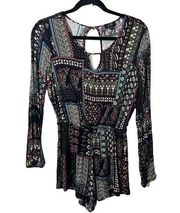 Ontwelfth Womens Romper Size S Boho Keyhole Scoop Patchwork Rayon Long Sleeves