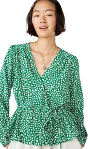 bright green polka dot wrap blouse