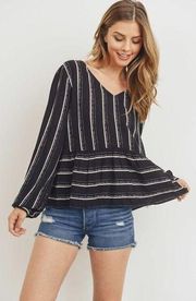 Paper Crane Long Sleeve V-neck Elastic Waist Peplum Top Black White Stripe Small