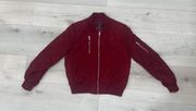 Women's Retro Solid Color Stand Collar Zip Up Bomber Jacket Pockets Burgundy