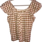 Enchanted Garden Annabelle Plaid Top Medium Tan Cream Ruffle Sleeve