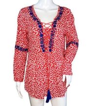 Solitaire Blouse Womens Medium Red White Ditzy Floral Blue Embroidery Bohemian