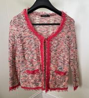 Nic + ZOE Pink Tweed Fringe Jacket