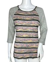 BKE Shirt Womens  Small Gray Pink Thermal Top Striped Raglan Sleeve Knit Casual