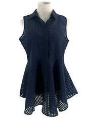 NWT Cupio Sheer Navy Checkered Sleeveless Peplum Tunic Size Large