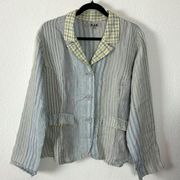 FLAX Oversized Linen Blazer Medium Stripes Plaid Blue Yellow NEW NWOT Coastal