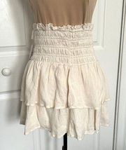 Sadie & Sage Smocked Tiered Pull-On Mini Skirt Cream Gold Metallic Threads Sz L