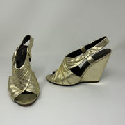 Elizabeth & James Genuine Gold Metallic Leather Open Toe Slingback Wedge Heels