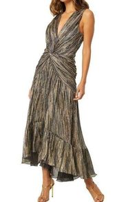 MISA Los Angeles Ava Metallic Plunge Neck High-Low Long Maxi Dress