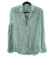 Express Shirt Women X Small Green Pink Stripe Button Up Long Sleeve Collar Rayon