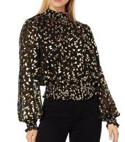 NWT Lost + Wander All That Glitter Top SMALL Black Gold Foil Smocked Long Sleeve