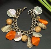 Vintage Orange Bakelite Mother of Pearl Shell Nautical Theme 7.5” Charm Bracelet