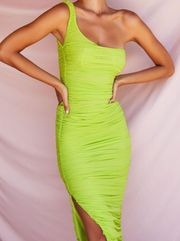 House Of CB 'Nia Acid like Green neon Ruched Midi Dress asymmetrical size L NWOT
