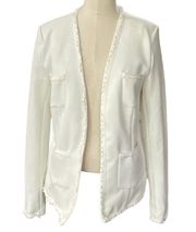 Catherine Malandrino Stretch Blazer White open front with fringe trim Size 2