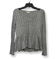 Bloomfield Womens Peplum Top Gray Stripe Long Sleeve V Neck Pleated Knit M New