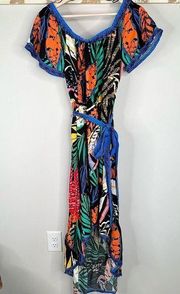 Off The Shoulder Black Tropical Print Maxi Dress Size L