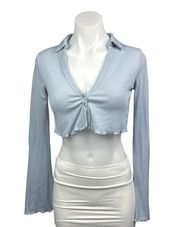Adika Blue Ribbed Knit Snap Button Collared Long Sleeve Crop Top Shirt Blouse XS