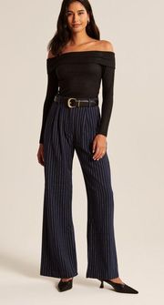 Tailored Brushed Suiting Wide Leg Pant Navy Blue Stripe