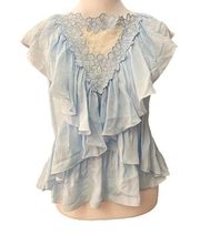 See by Chloe Breezy Blue Ruffle Sleeveless tank blouse Floral Lac Top Size 36 S