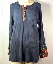 Soft Surrounding Women's Embroidery Shirt Large Ribbed Gray Metallic Long Sleeve