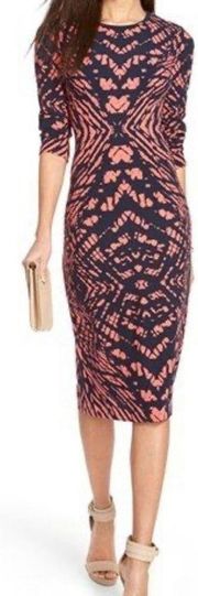 Maggy London Dress Tie Dye Print Crepe Midi Sheath in Coral/Navy Size 2