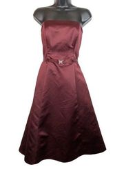 Burgundy Red Dress Strapless Belted Tea Length Special Occasion Women 8